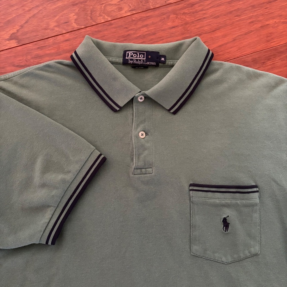 Polo Ralph Lauren Mens XL Sage Green Pique Pocket Polo Shirt Vintage Tipped Y2K
